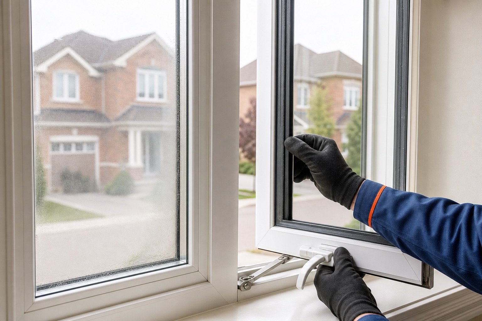 Technician examining a window with a failed insulated glass unit