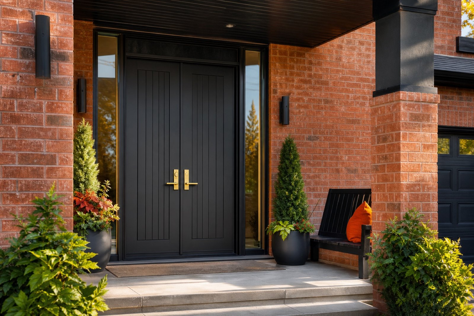 Matte black double entry doors with brass hardware on a brick home