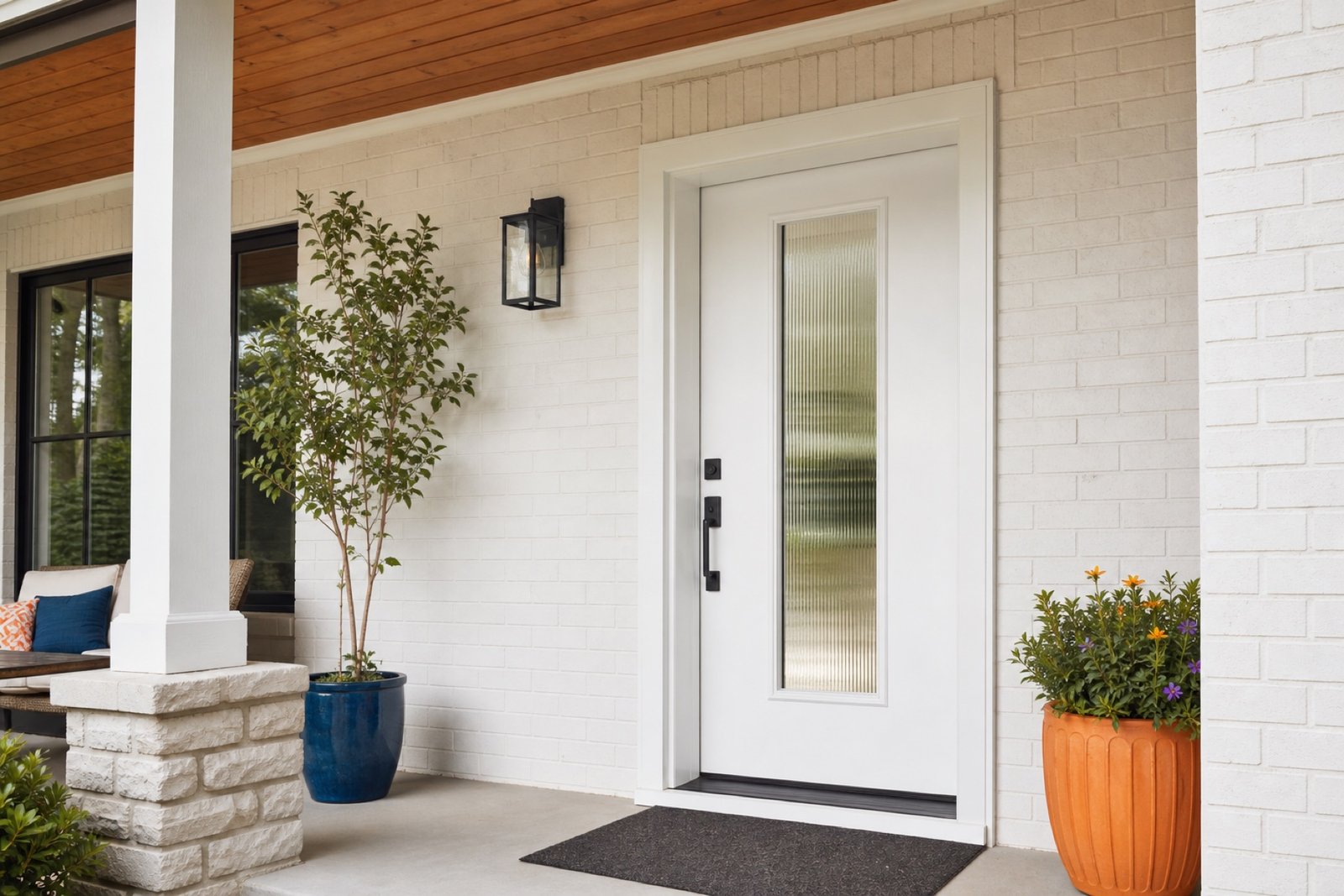Modern white entry door with reeded glass and black hardware